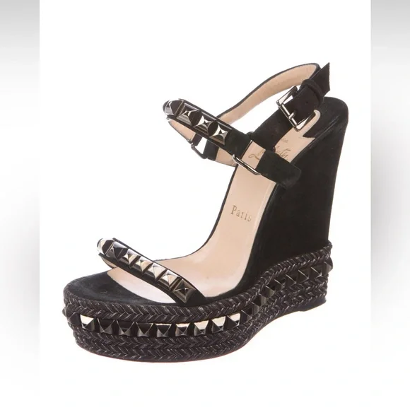 Christian Louboutin Black Studded Espadrille Wedge Sandals - Picture 3 of 7
